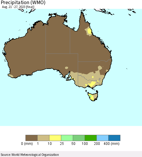 Australia Precipitation (WMO) Thematic Map For 8/21/2023 - 8/27/2023