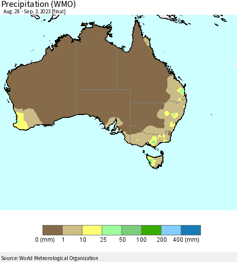 Australia Precipitation (WMO) Thematic Map For 8/28/2023 - 9/3/2023