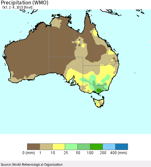 Australia Precipitation (WMO) Thematic Map For 10/2/2023 - 10/8/2023