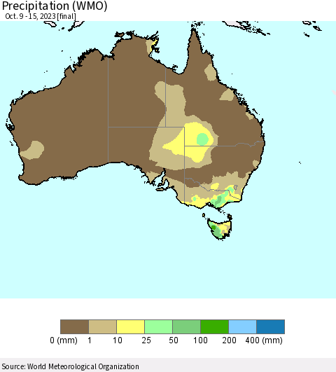 Australia Precipitation (WMO) Thematic Map For 10/9/2023 - 10/15/2023