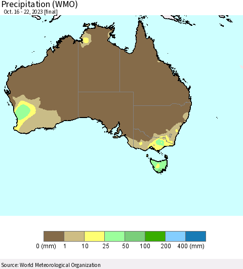 Australia Precipitation (WMO) Thematic Map For 10/16/2023 - 10/22/2023