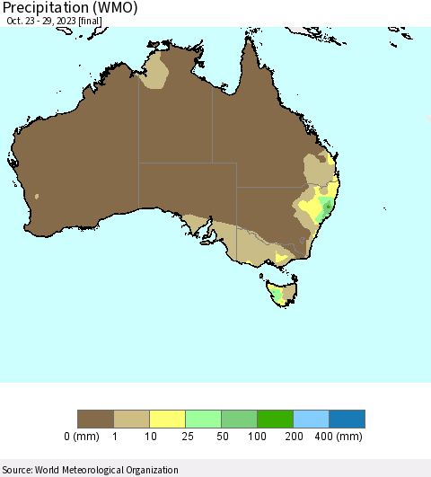 Australia Precipitation (WMO) Thematic Map For 10/23/2023 - 10/29/2023