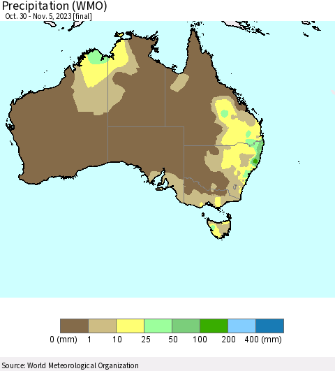 Australia Precipitation (WMO) Thematic Map For 10/30/2023 - 11/5/2023