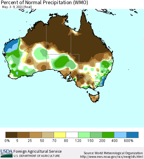 Australia Percent of Normal Precipitation (WMO) Thematic Map For 5/3/2021 - 5/9/2021