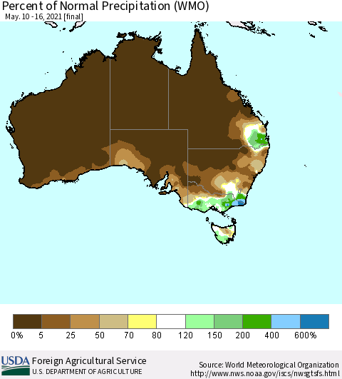 Australia Percent of Normal Precipitation (WMO) Thematic Map For 5/10/2021 - 5/16/2021