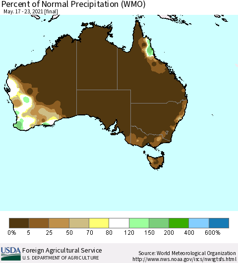 Australia Percent of Normal Precipitation (WMO) Thematic Map For 5/17/2021 - 5/23/2021