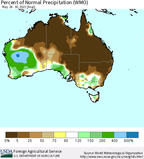 Australia Percent of Normal Precipitation (WMO) Thematic Map For 5/24/2021 - 5/30/2021