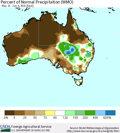 Australia Percent of Normal Precipitation (WMO) Thematic Map For 5/31/2021 - 6/6/2021