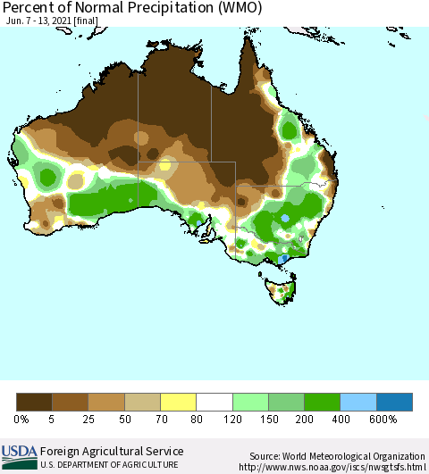 Australia Percent of Normal Precipitation (WMO) Thematic Map For 6/7/2021 - 6/13/2021