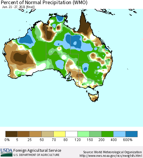 Australia Percent of Normal Precipitation (WMO) Thematic Map For 6/21/2021 - 6/27/2021