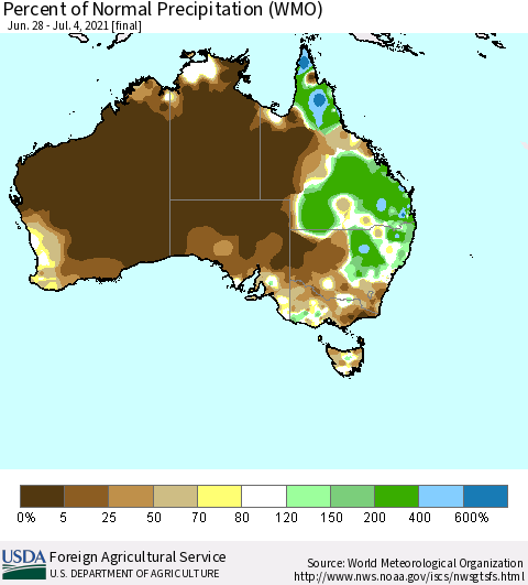 Australia Percent of Normal Precipitation (WMO) Thematic Map For 6/28/2021 - 7/4/2021