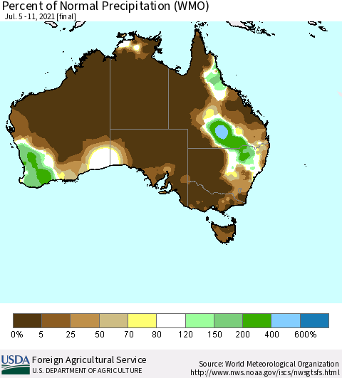 Australia Percent of Normal Precipitation (WMO) Thematic Map For 7/5/2021 - 7/11/2021