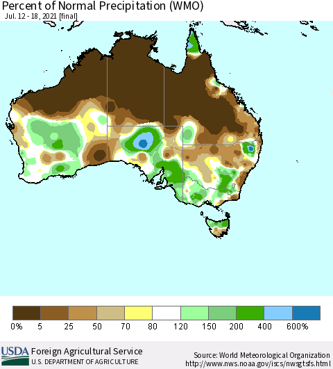 Australia Percent of Normal Precipitation (WMO) Thematic Map For 7/12/2021 - 7/18/2021