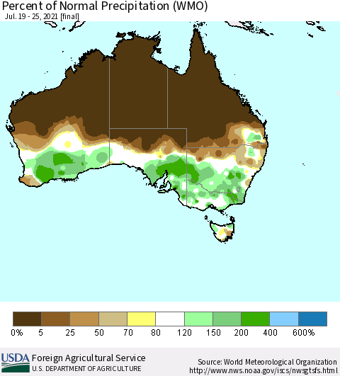 Australia Percent of Normal Precipitation (WMO) Thematic Map For 7/19/2021 - 7/25/2021