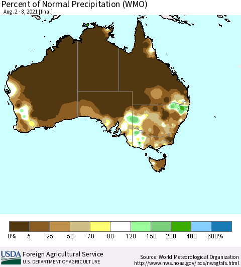 Australia Percent of Normal Precipitation (WMO) Thematic Map For 8/2/2021 - 8/8/2021