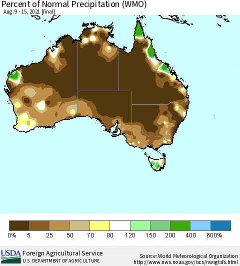 Australia Percent of Normal Precipitation (WMO) Thematic Map For 8/9/2021 - 8/15/2021