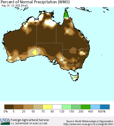 Australia Percent of Normal Precipitation (WMO) Thematic Map For 8/16/2021 - 8/22/2021