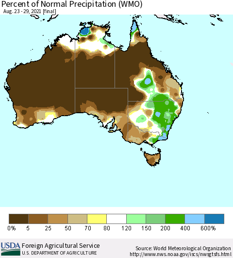 Australia Percent of Normal Precipitation (WMO) Thematic Map For 8/23/2021 - 8/29/2021