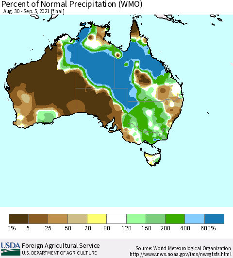 Australia Percent of Normal Precipitation (WMO) Thematic Map For 8/30/2021 - 9/5/2021