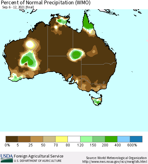 Australia Percent of Normal Precipitation (WMO) Thematic Map For 9/6/2021 - 9/12/2021