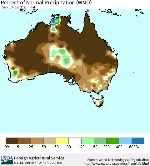 Australia Percent of Normal Precipitation (WMO) Thematic Map For 9/13/2021 - 9/19/2021