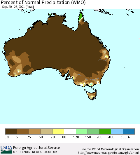 Australia Percent of Normal Precipitation (WMO) Thematic Map For 9/20/2021 - 9/26/2021