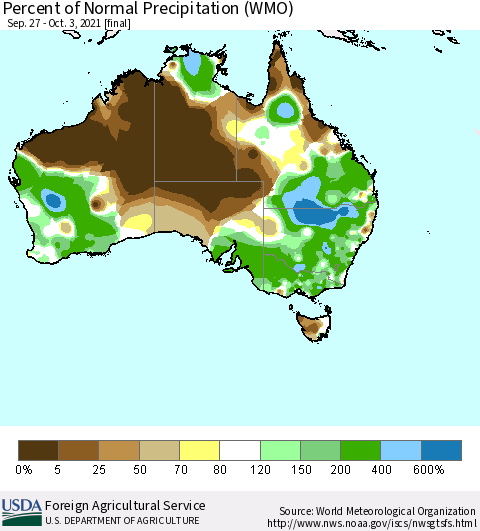 Australia Percent of Normal Precipitation (WMO) Thematic Map For 9/27/2021 - 10/3/2021