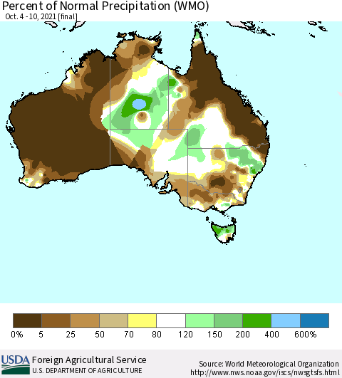 Australia Percent of Normal Precipitation (WMO) Thematic Map For 10/4/2021 - 10/10/2021