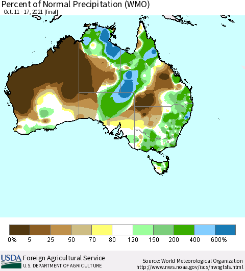 Australia Percent of Normal Precipitation (WMO) Thematic Map For 10/11/2021 - 10/17/2021