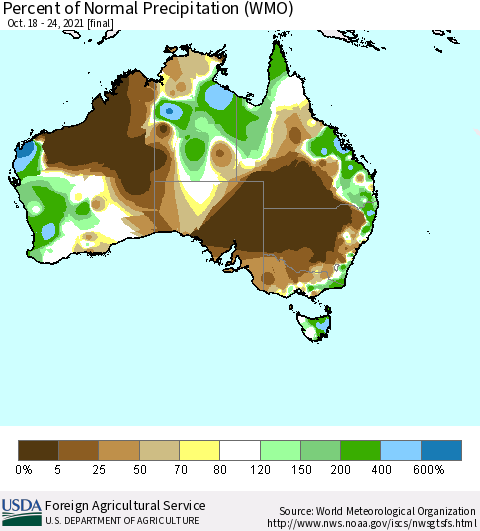 Australia Percent of Normal Precipitation (WMO) Thematic Map For 10/18/2021 - 10/24/2021