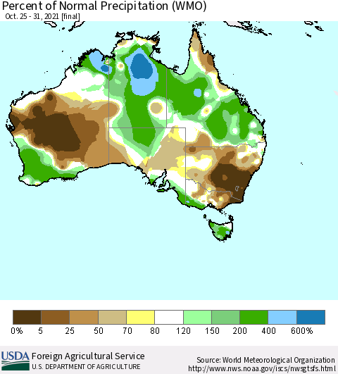 Australia Percent of Normal Precipitation (WMO) Thematic Map For 10/25/2021 - 10/31/2021