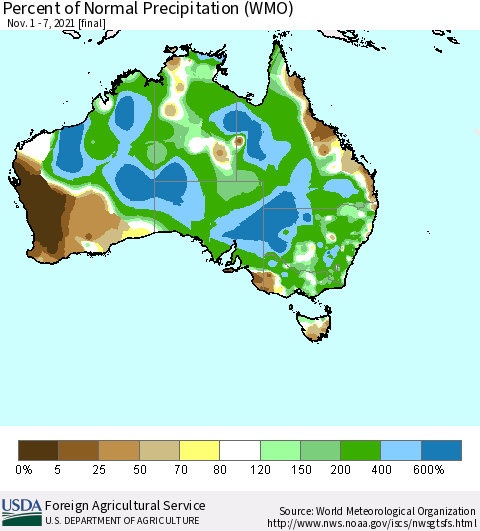 Australia Percent of Normal Precipitation (WMO) Thematic Map For 11/1/2021 - 11/7/2021