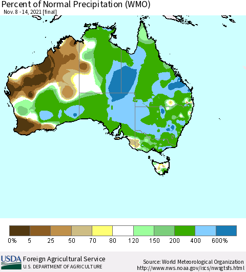 Australia Percent of Normal Precipitation (WMO) Thematic Map For 11/8/2021 - 11/14/2021