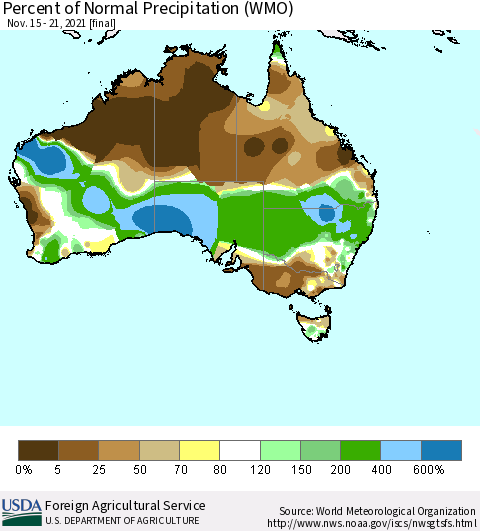 Australia Percent of Normal Precipitation (WMO) Thematic Map For 11/15/2021 - 11/21/2021