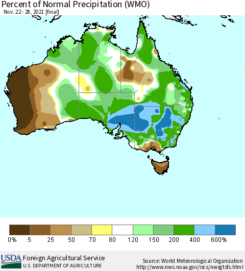 Australia Percent of Normal Precipitation (WMO) Thematic Map For 11/22/2021 - 11/28/2021
