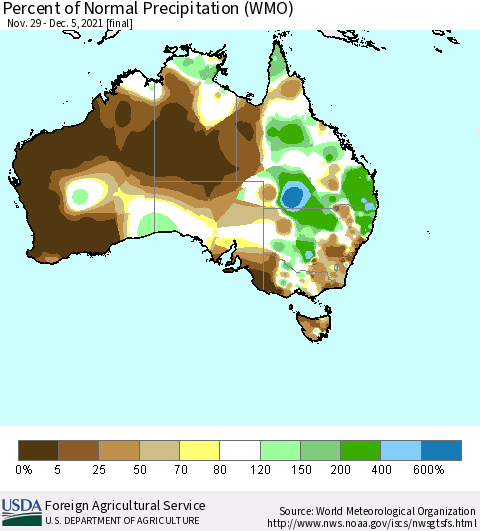 Australia Percent of Normal Precipitation (WMO) Thematic Map For 11/29/2021 - 12/5/2021