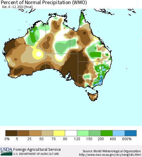 Australia Percent of Normal Precipitation (WMO) Thematic Map For 12/6/2021 - 12/12/2021
