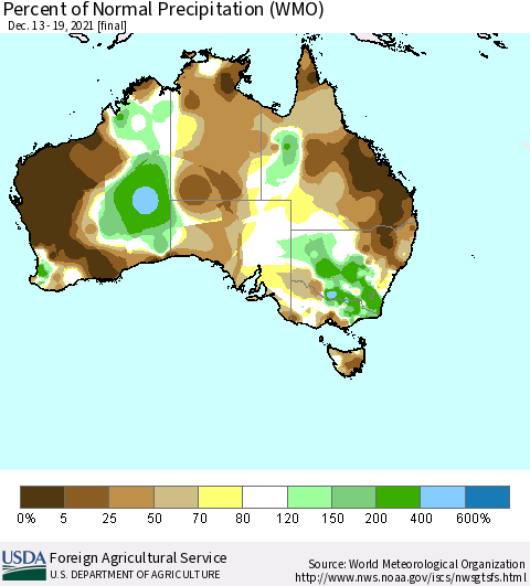 Australia Percent of Normal Precipitation (WMO) Thematic Map For 12/13/2021 - 12/19/2021