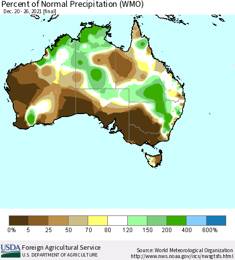 Australia Percent of Normal Precipitation (WMO) Thematic Map For 12/20/2021 - 12/26/2021