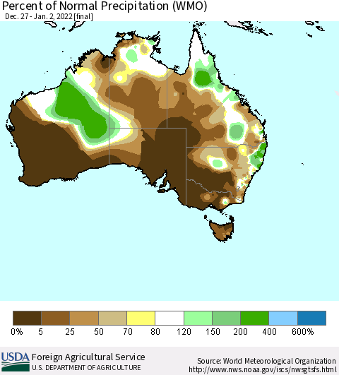 Australia Percent of Normal Precipitation (WMO) Thematic Map For 12/27/2021 - 1/2/2022