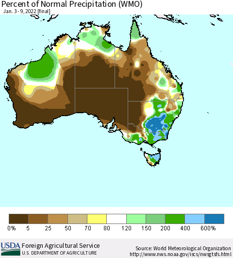 Australia Percent of Normal Precipitation (WMO) Thematic Map For 1/3/2022 - 1/9/2022