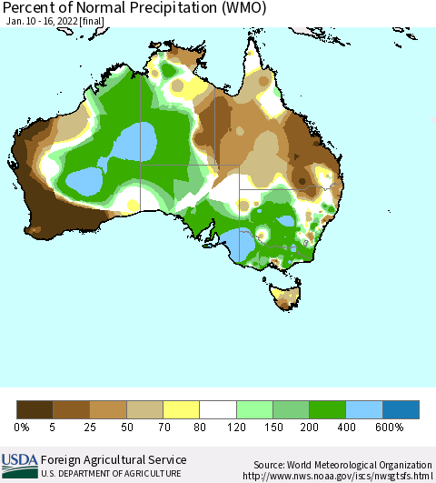 Australia Percent of Normal Precipitation (WMO) Thematic Map For 1/10/2022 - 1/16/2022