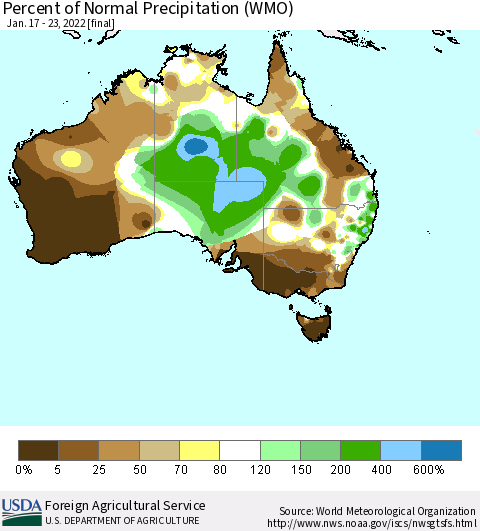 Australia Percent of Normal Precipitation (WMO) Thematic Map For 1/17/2022 - 1/23/2022