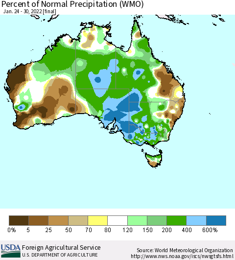 Australia Percent of Normal Precipitation (WMO) Thematic Map For 1/24/2022 - 1/30/2022
