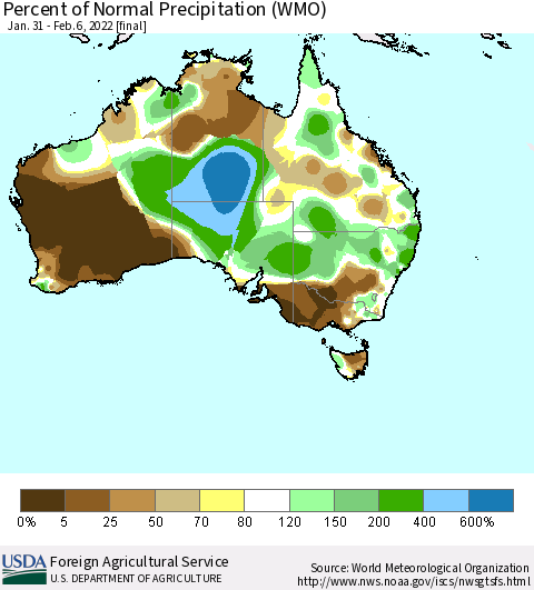 Australia Percent of Normal Precipitation (WMO) Thematic Map For 1/31/2022 - 2/6/2022