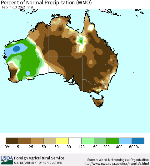 Australia Percent of Normal Precipitation (WMO) Thematic Map For 2/7/2022 - 2/13/2022