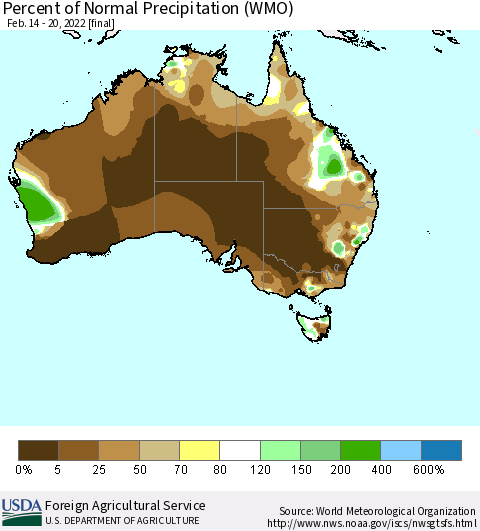 Australia Percent of Normal Precipitation (WMO) Thematic Map For 2/14/2022 - 2/20/2022