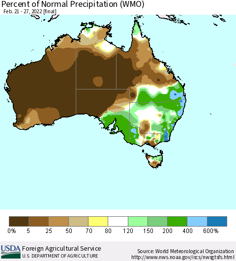 Australia Percent of Normal Precipitation (WMO) Thematic Map For 2/21/2022 - 2/27/2022