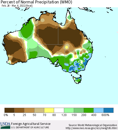 Australia Percent of Normal Precipitation (WMO) Thematic Map For 2/28/2022 - 3/6/2022
