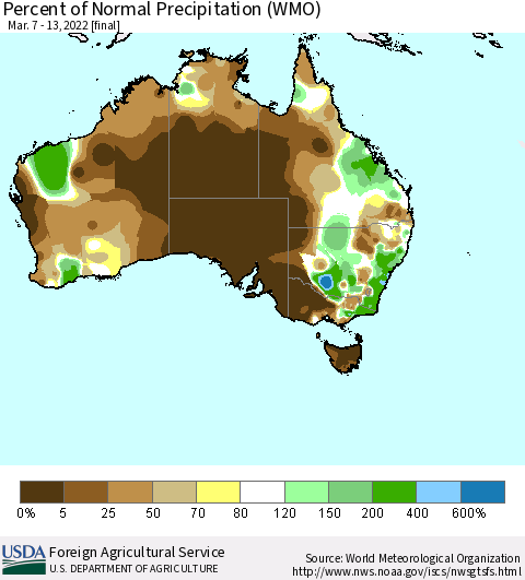 Australia Percent of Normal Precipitation (WMO) Thematic Map For 3/7/2022 - 3/13/2022